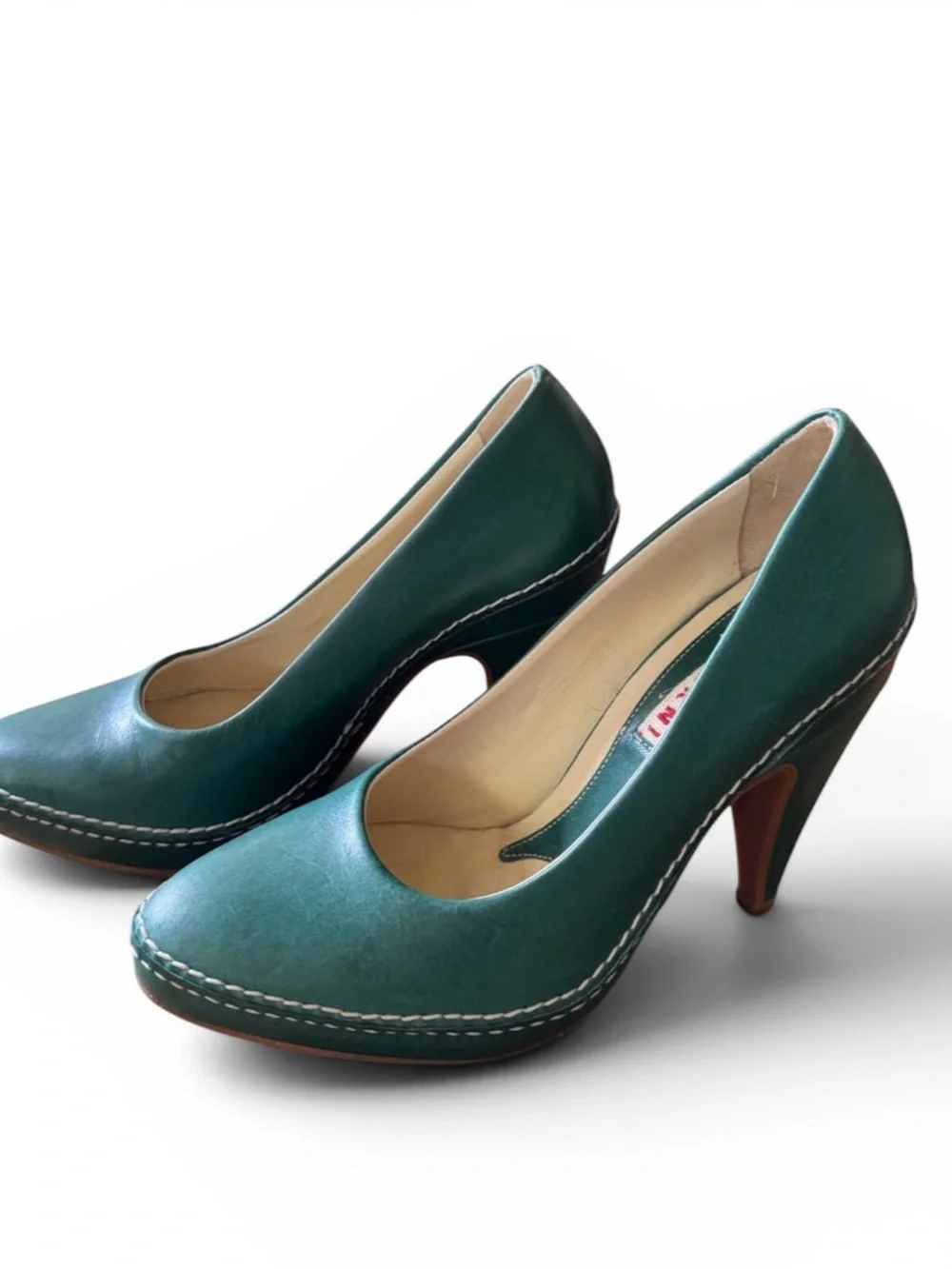 Marni Teal Leather Stitched Platform Pumps - Picture 3 of 5
